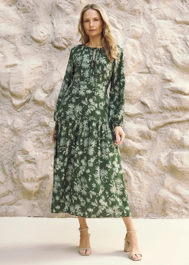 Izabel London Green Floral Long Sleeve Tie Neck Maxi Dress
