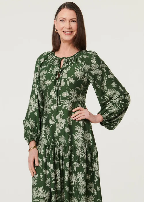 Izabel London Green Floral Long Sleeve Tie Neck Maxi Dress - 14 Image 6