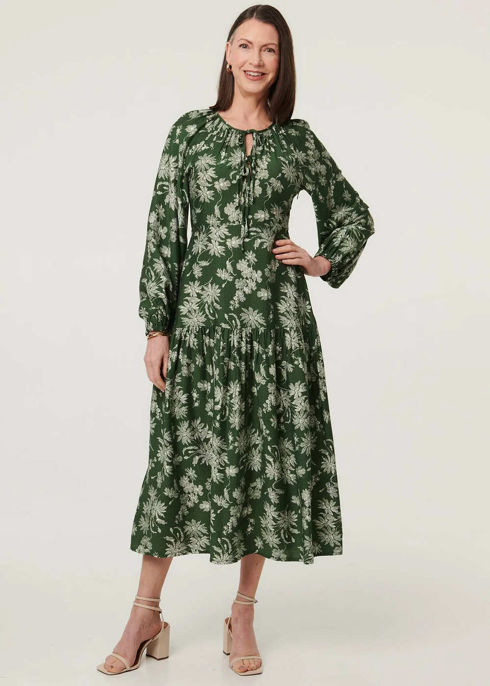 Izabel London Green Floral Long Sleeve Tie Neck Maxi Dress - 14 Image 4