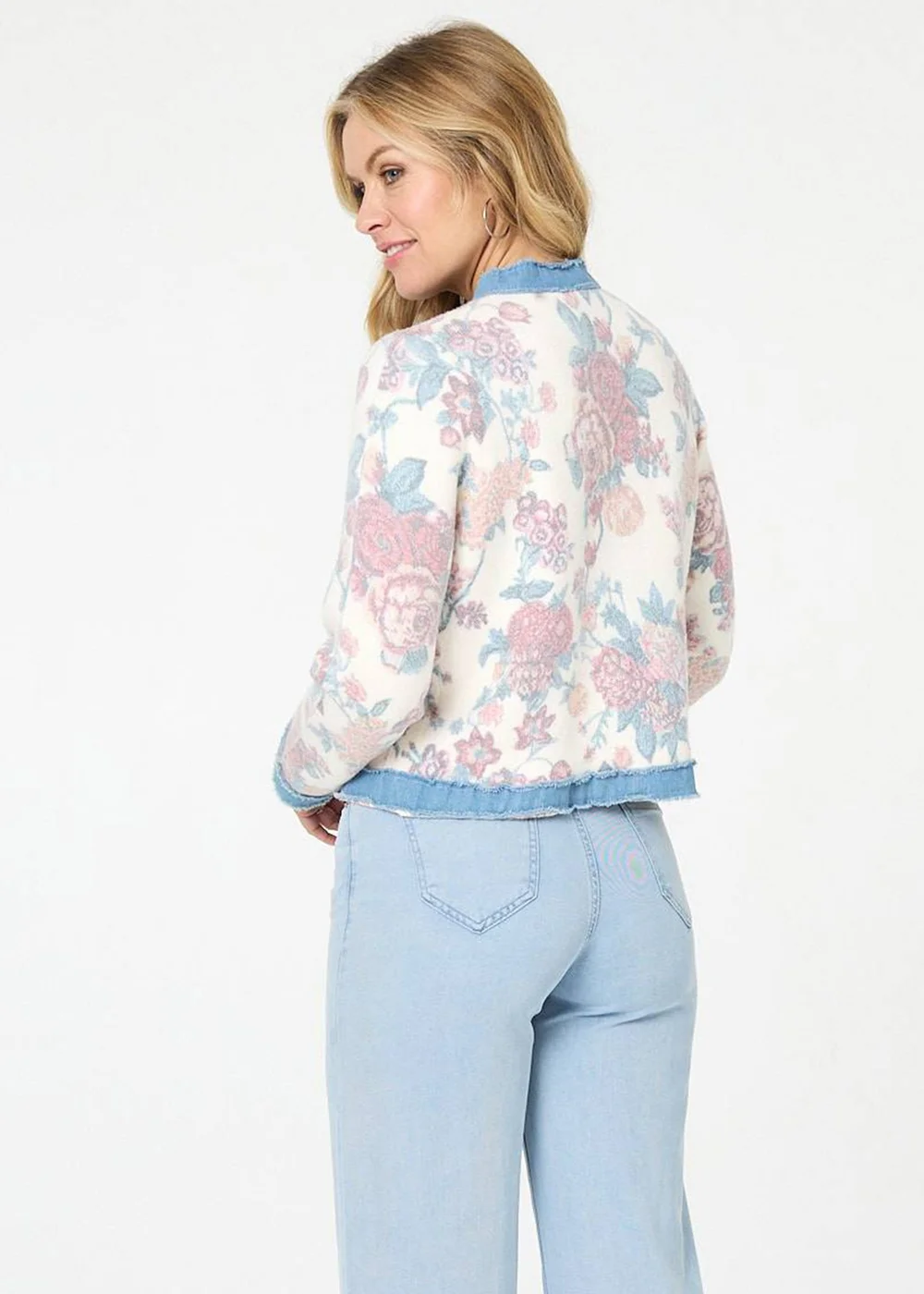Izabel London White Floral Denim Trim Button Detail Jacket - M/L Image 2
