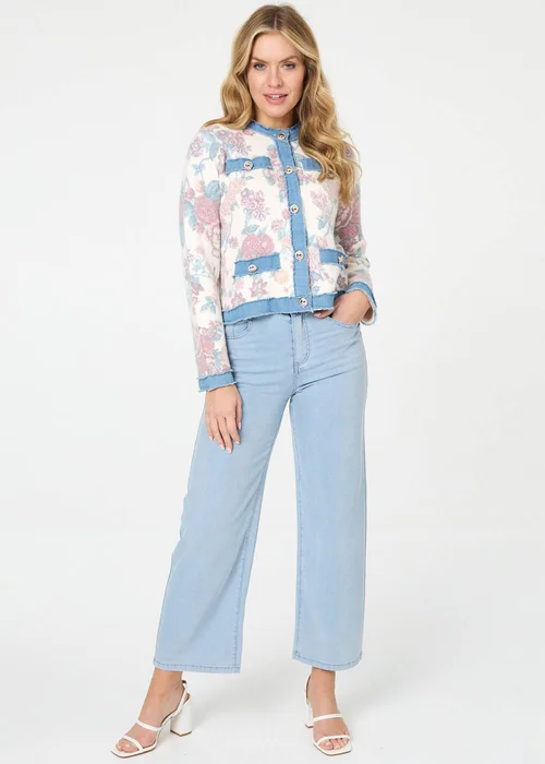 Izabel London White Floral Denim Trim Button Detail Jacket - M/L Image 4