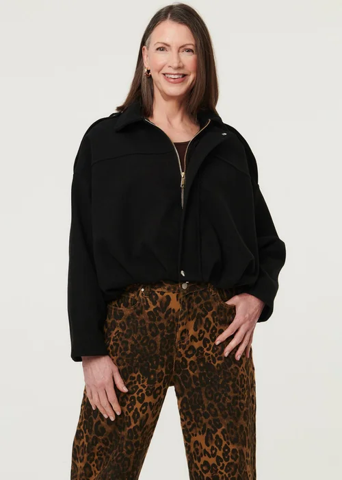 Izabel London Black Faux Suede Ruched Relaxed Bomber Jacket - 8 Image 1
