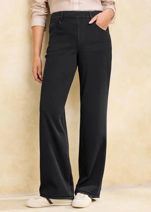 Cotton Traders Black Stretch Jersey Denim Wide Leg Pull-On Trousers - 22/L29 Image 1
