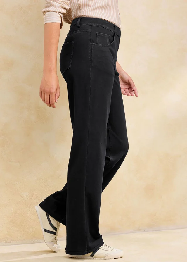 Cotton Traders Black Stretch Jersey Denim Wide Leg Pull-On Trousers