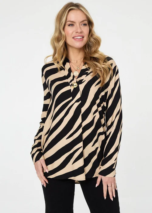Izabel London Black Zebra Print Long Sleeve Slim Blouse - 8 Image 1