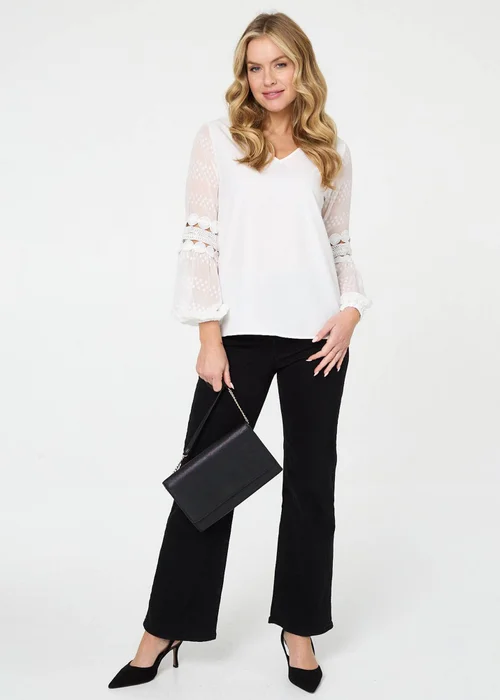 Izabel London Ivory Relaxed Lace Trim Balloon Sleeve Blouse - 10 Image 4
