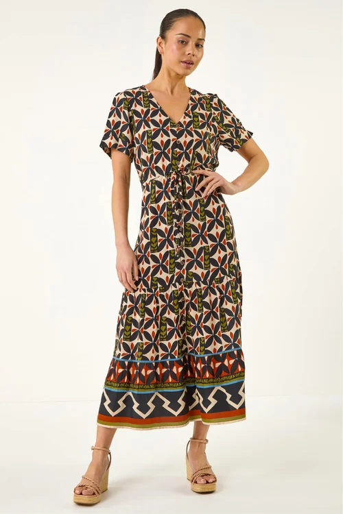 Roman Black Petite Abstract Print V-Neck Midi Dress - 12 Image 2