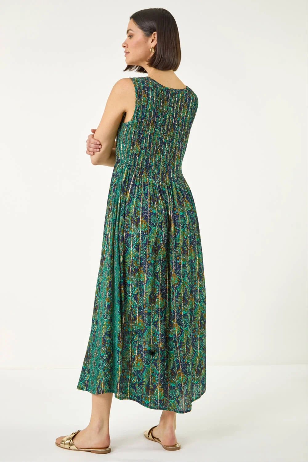 Roman Teal Paisely Leaf Print Shirred Midi Dress - 12 Image 3