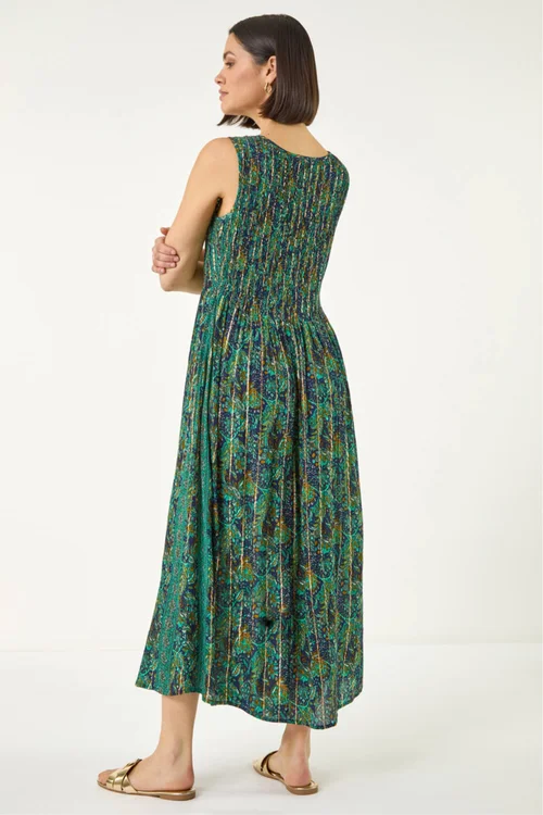 Roman Teal Paisely Leaf Print Shirred Midi Dress - 12 Image 3