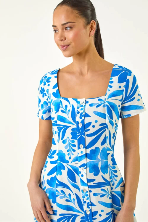 Roman Blue Petite Floral Button Front Midi Dress - 14 Image 4