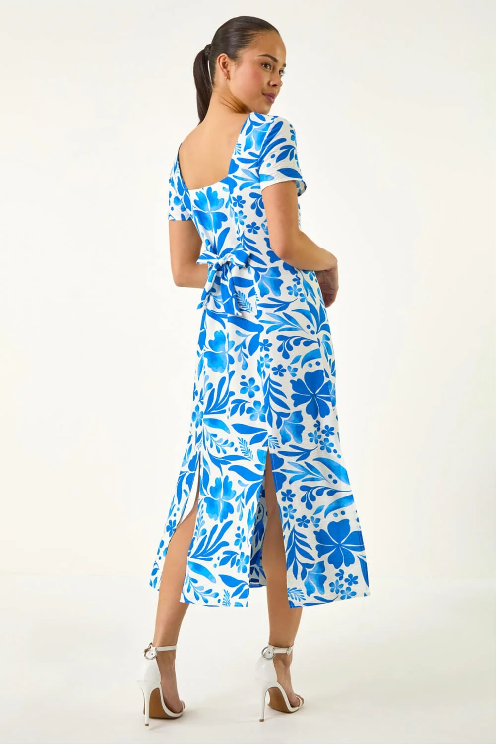 Roman Blue Petite Floral Button Front Midi Dress - 14 Image 3