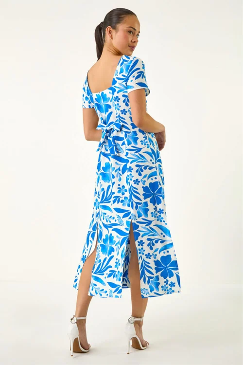 Roman Blue Petite Floral Button Front Midi Dress - 14 Image 3