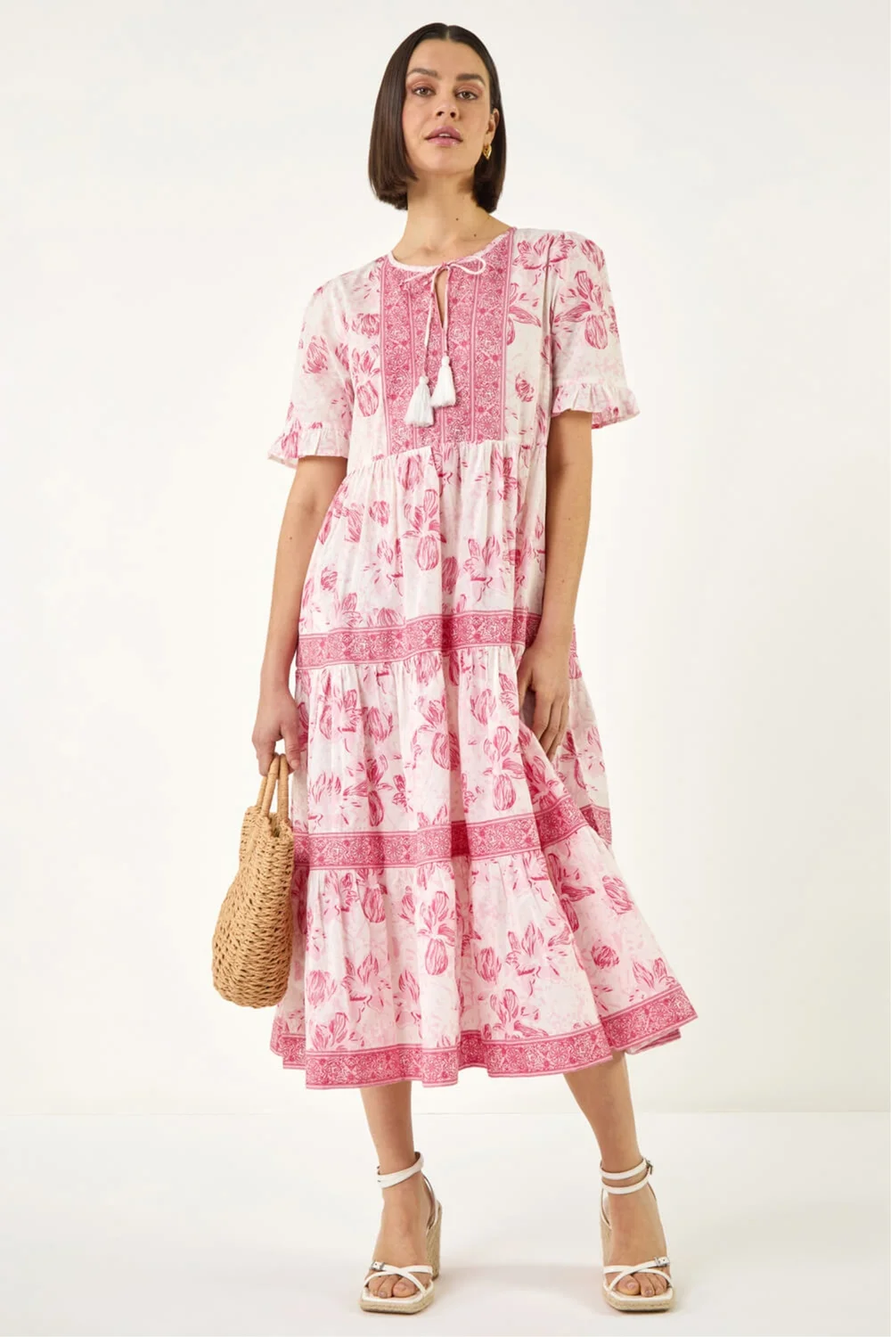 Roman Pink Floral Print Tiered Midi Dress - 16 Image 2