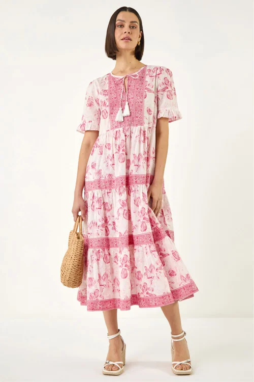 Roman Pink Floral Print Tiered Midi Dress - 16 Image 2