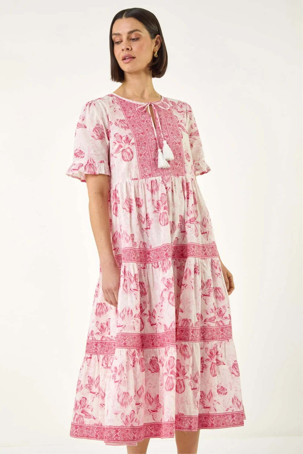 Roman Pink Floral Print Tiered Midi Dress - 16 Image 4