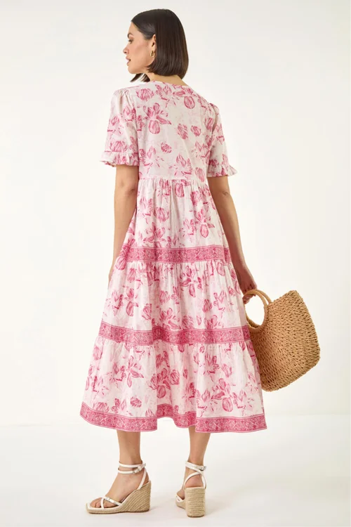 Roman Pink Floral Print Tiered Midi Dress - 16 Image 3