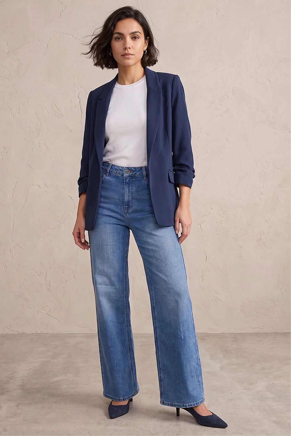 Roman Navy Ruched 3/4 Sleeve Blazer Jacket - 20 Image 2