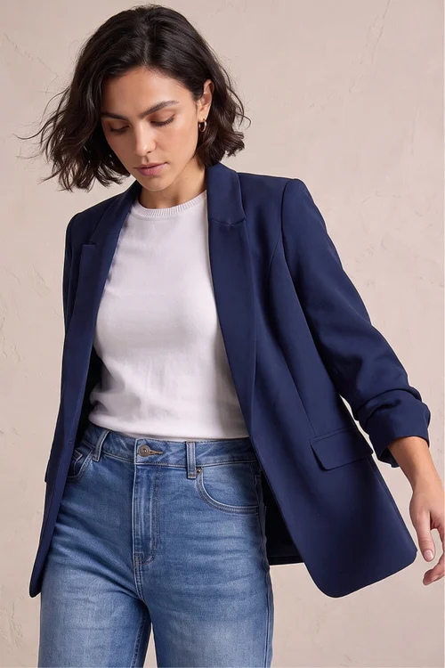 Roman Navy Ruched 3/4 Sleeve Blazer Jacket - 20 Image 1