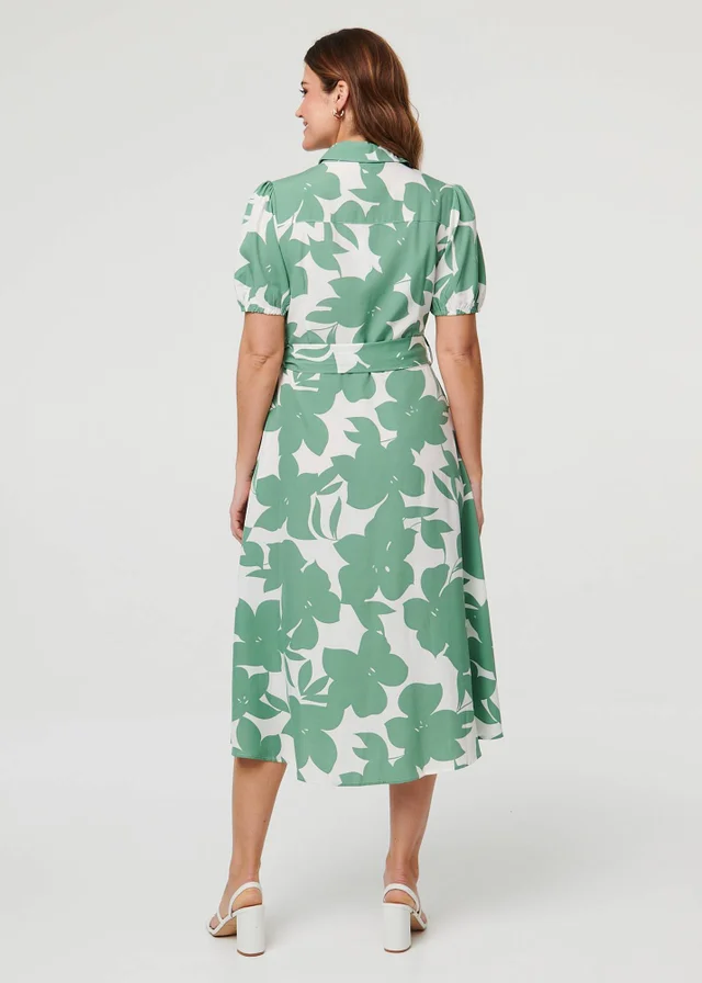Izabel London Sage Abstract Floral Tie Waist Midi Dress