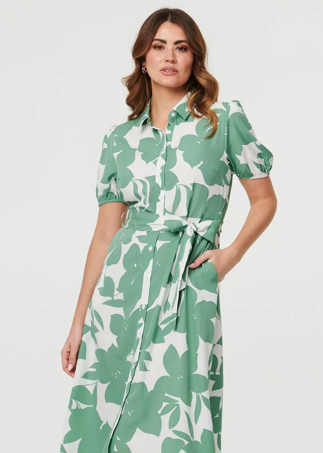 Izabel London Sage Abstract Floral Tie Waist Midi Dress
