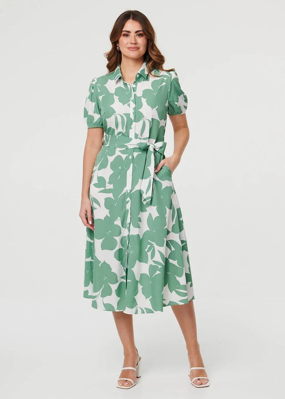 Izabel London Sage Abstract Floral Tie Waist Midi Dress - 16 Image 4