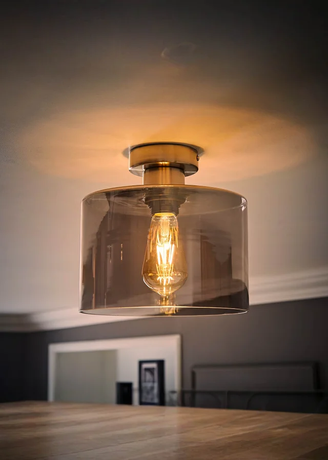 ValueLights Demi Brushed Chrome Smoke Glass Flush Ceiling Light
