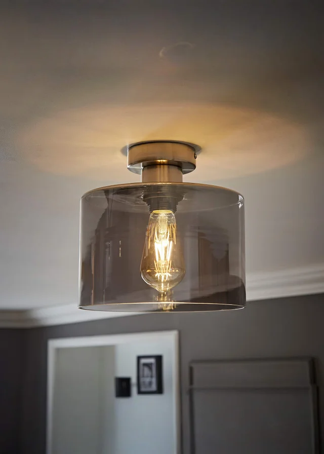 ValueLights Demi Brushed Chrome Smoke Glass Flush Ceiling Light