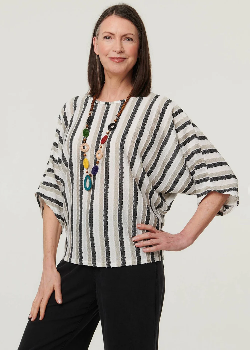Izabel London White Striped 3/4 Sleeve Relaxed Necklace Top - 8-10 Image 1