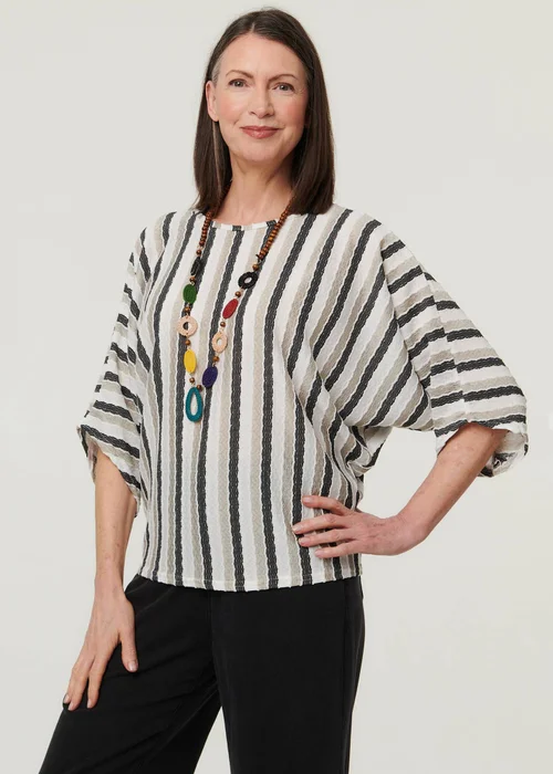 Izabel London White Striped 3/4 Sleeve Relaxed Necklace Top - 8-10 Image 1