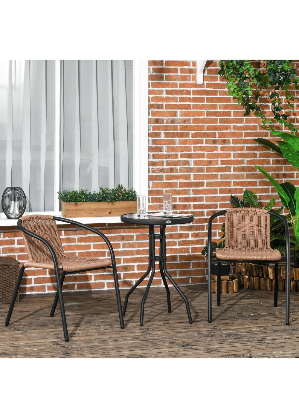 Outsunny Brown 3 Pieces Garden Furniture Set with 2 Stackable Chairs - One Size Image 1