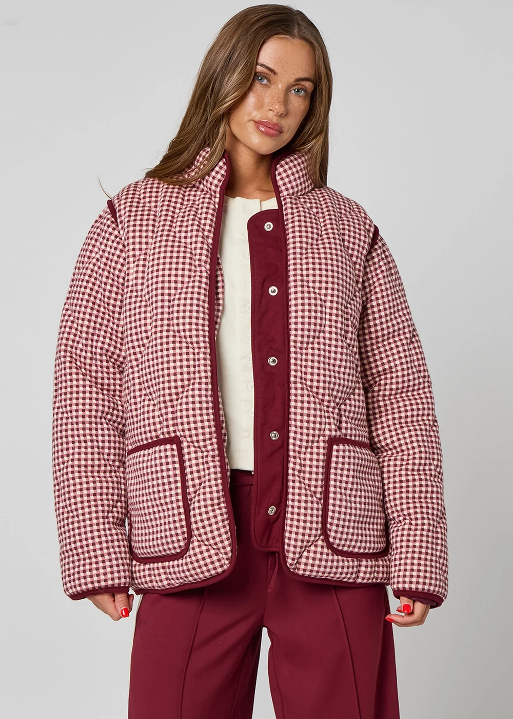 Urban Bliss Gingham Quilted Coat Burgundy - 8 Image 2