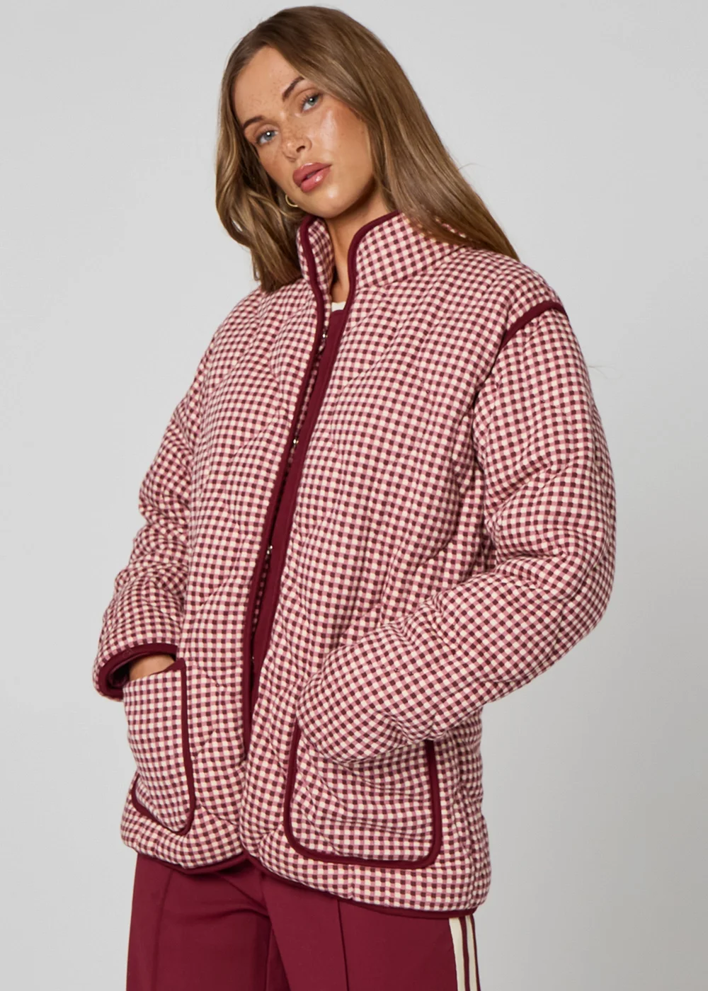 Urban Bliss Gingham Quilted Coat Burgundy - 8 Image 4