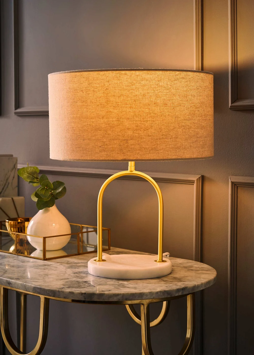 ValueLights Rachel Brushed Gold Metal Arch Marble Base Table Lamp - One Size Image 2
