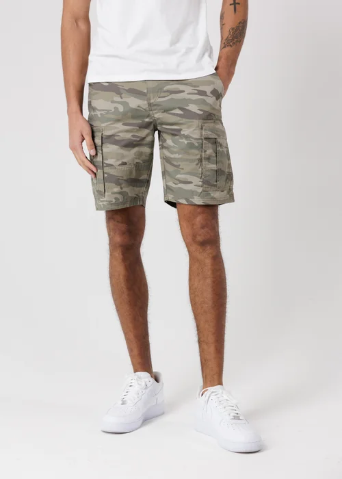 Tokyo Laundry Khaki Washed Cotton Twill Cargo Shorts With Camo Print - 2XL Image 1