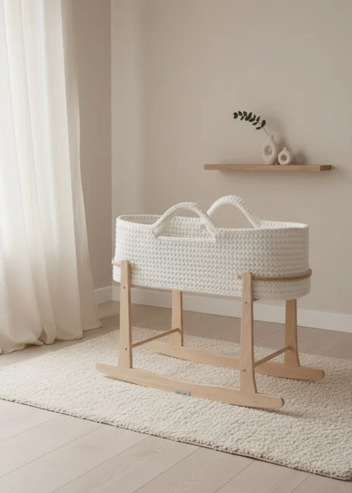 Clair de Lune Crochet Moses Basket with Natural Rocking Stand - One Size Image 1