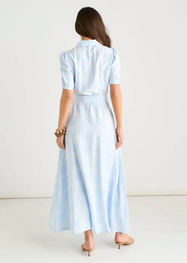 Gini London Cotton Mix Blue Tile Print Button Through Maxi Shirt Dress