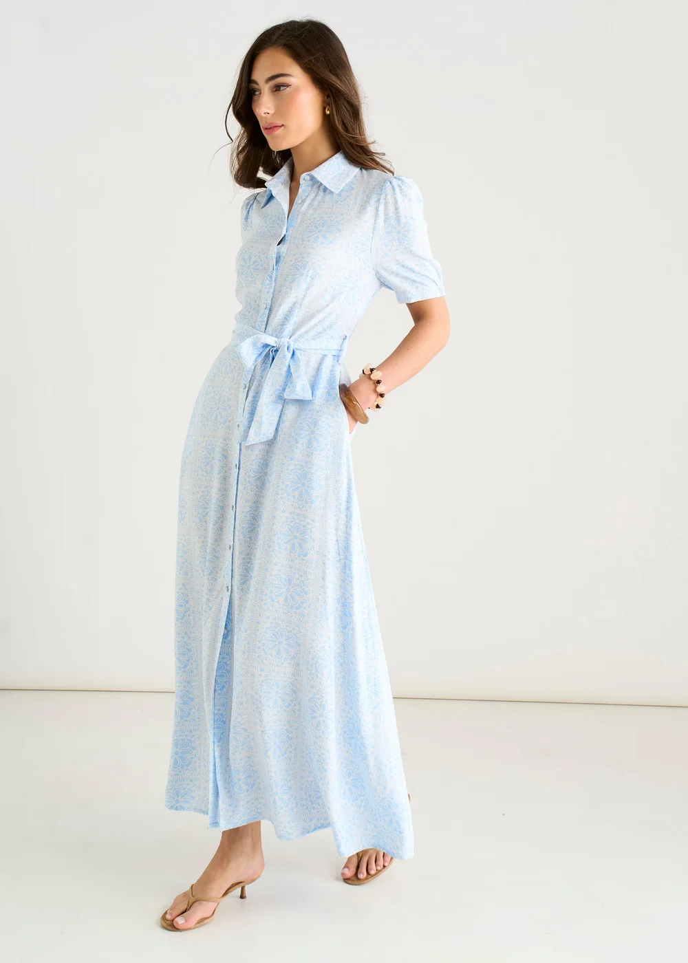 Gini London Cotton Mix Blue Tile Print Button Through Maxi Shirt Dress - 10 Image 4