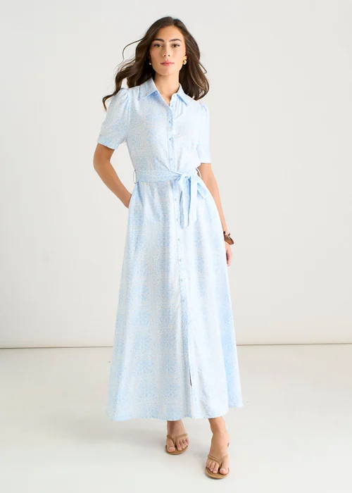 Gini London Cotton Mix Blue Tile Print Button Through Maxi Shirt Dress - 10 Image 1