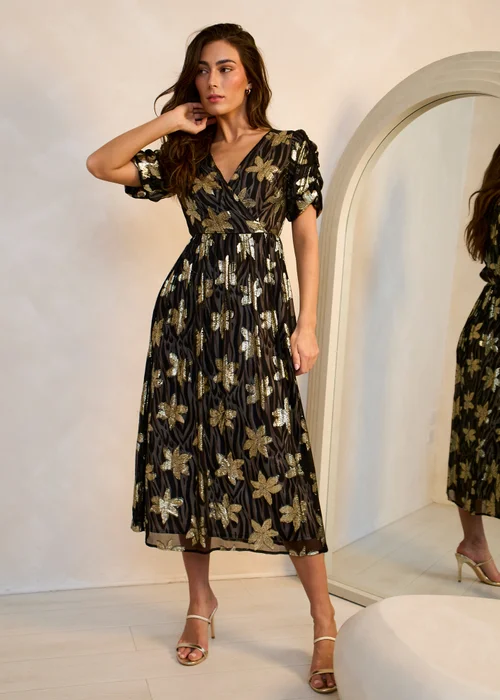 Gini London Black Floral Sparkle Animal Wrap Front Dress - 14 Image 5