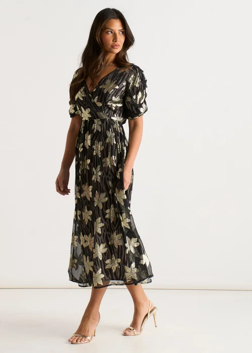Gini London Black Floral Sparkle Animal Wrap Front Dress - 14 Image 4