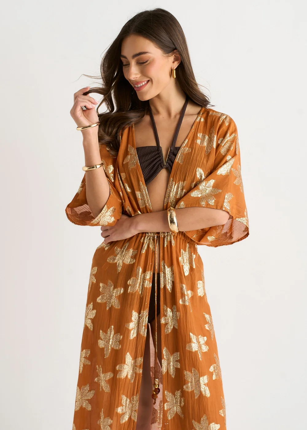 Gini London Orange Floral Lurex Tie Front Kaftan Kimono - S/M Image 3