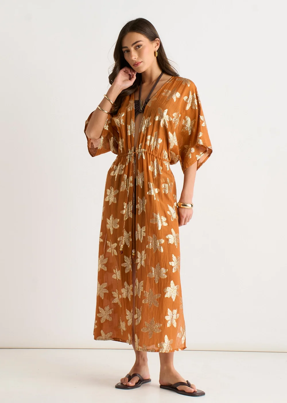 Gini London Orange Floral Lurex Tie Front Kaftan Kimono - S/M Image 1