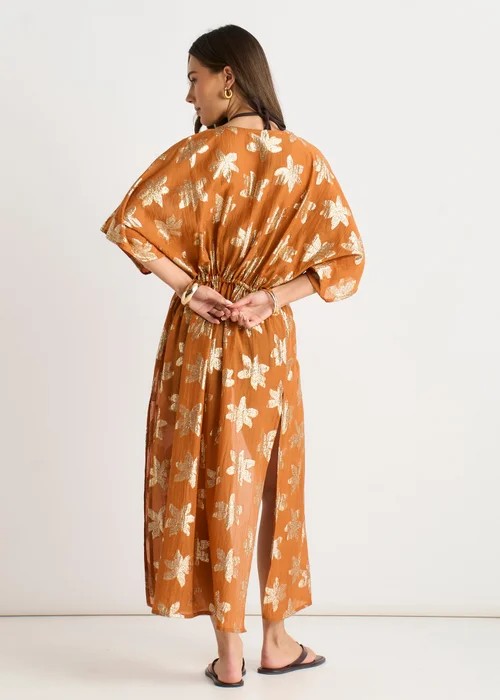 Gini London Orange Floral Lurex Tie Front Kaftan Kimono - S/M Image 2