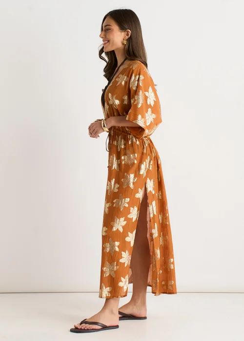 Gini London Orange Floral Lurex Tie Front Kaftan Kimono - S/M Image 4