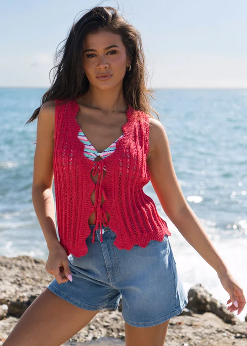 Gini London Pink Scallop Crochet Tie Front Waistcoat - S/M Image 5