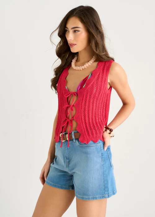 Gini London Pink Scallop Crochet Tie Front Waistcoat - S/M Image 4