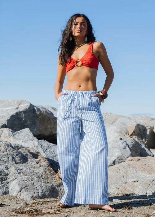 Gini London Blue Stripe Linen Mix Stripe Trousers - 10 Image 1