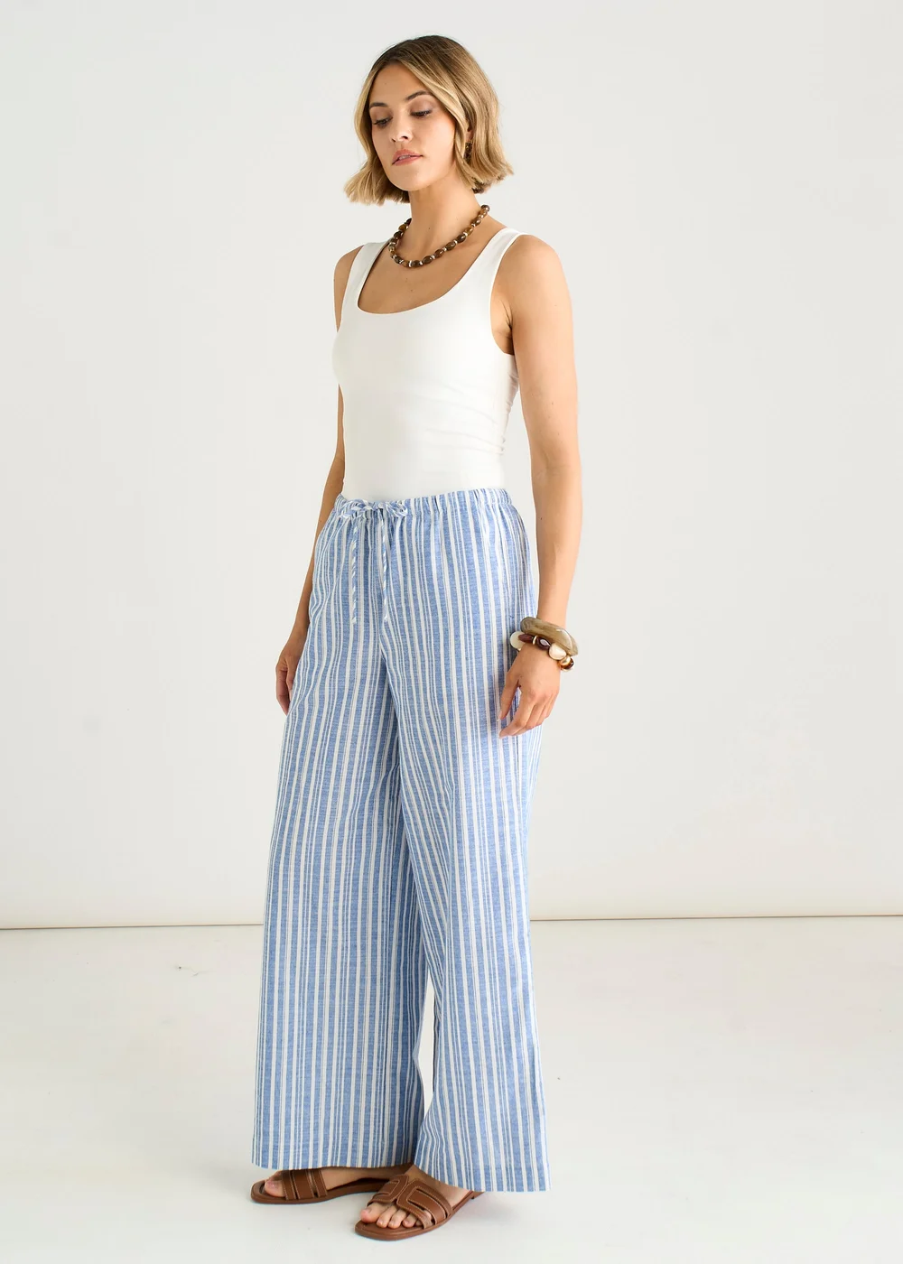 Gini London Blue Stripe Linen Mix Stripe Trousers - 10 Image 5