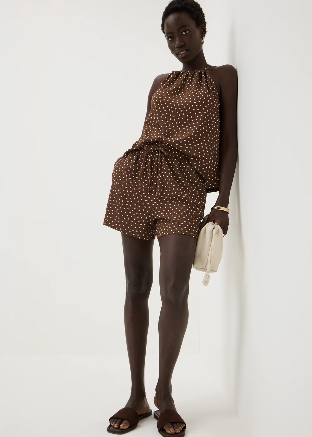 Chocolate Brown Polka Dot Co Ord Shorts - XL Image 1