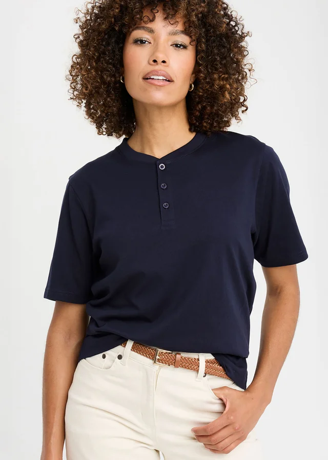 Cotton Traders Navy Grandad T-Shirt